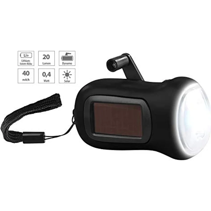 AccuCell LED Taschenlampe Dynamo Taschenlampe mit 3 LED, mit Ladekurbel, mit Solarladefunktion, 20 Lumen, schwarz – Bild 2