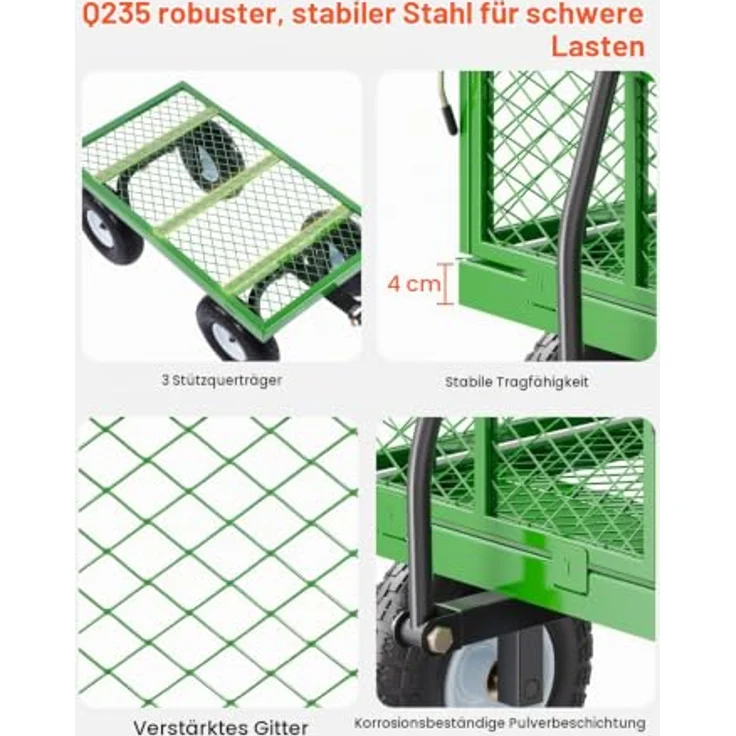 VEVOR Bollerwagen 300 kg, Transportwagen mit abnehmbaren Seitenteilen, 10-Zoll-Reifen und 180° drehbarem Griff, Metall – Bild 4