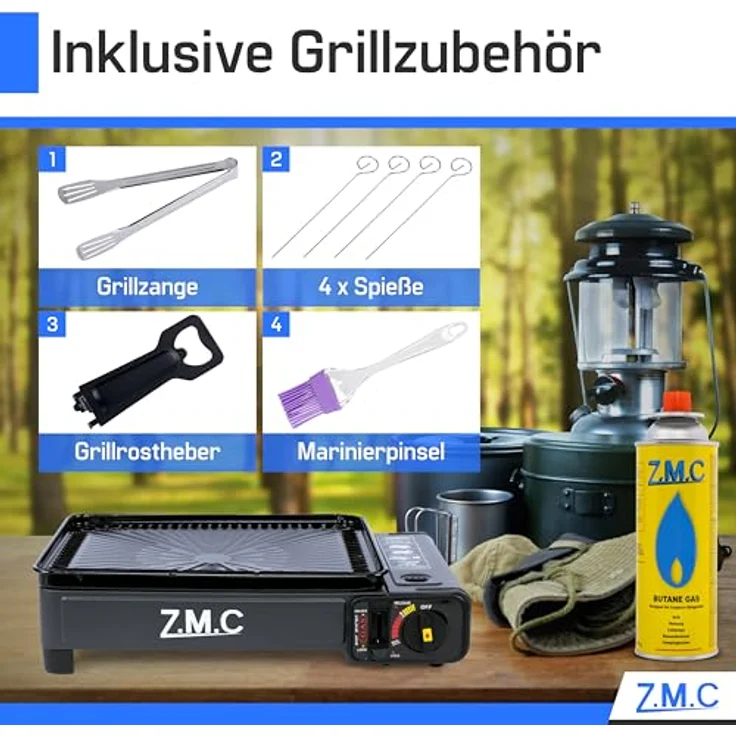 ZMC 2-in-1 Gaskocher + Gasgrill 2,2KW, inkl. Zubehör, Campingkocher mit Grillplatte + Grillrost, Tragekoffer, 3,8kg, Piezo-Zündung ohne Gaskartusche, schwarzes Design – Bild 8