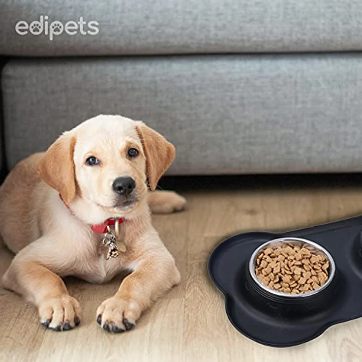 Edipets, Futternapf für Hund Katzen und Haustiere, Trinker für Hund Katzen, Doppelteller aus Edelstahl, rutschfeste Silikonbasis (480 Gr, Schwarz) – Bild 4