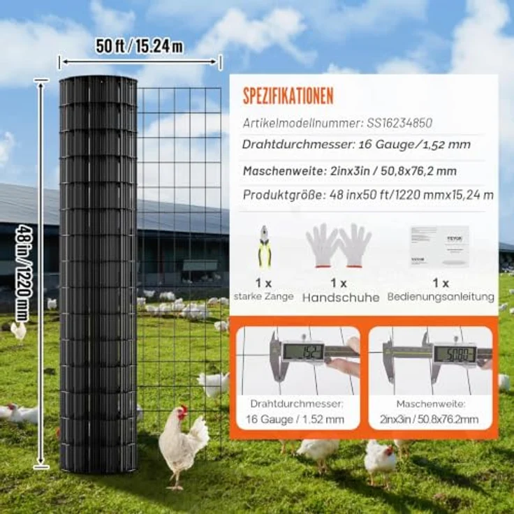 VEVOR Maschendrahtzaun 1220x15240mm, verzinkte Maschendrahtrolle mit schwarzer Vinylbeschichtung, ideal für Hühnerstallbarrieren und Kaninchenzäune – Bild 7