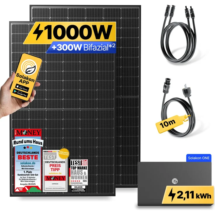 Solakon ONE 1000W Balkonkraftwerk mit 2,11 kWh Speicher und 800W Solaranlage, Steckerfertig, WIFI, 10m Kabellänge