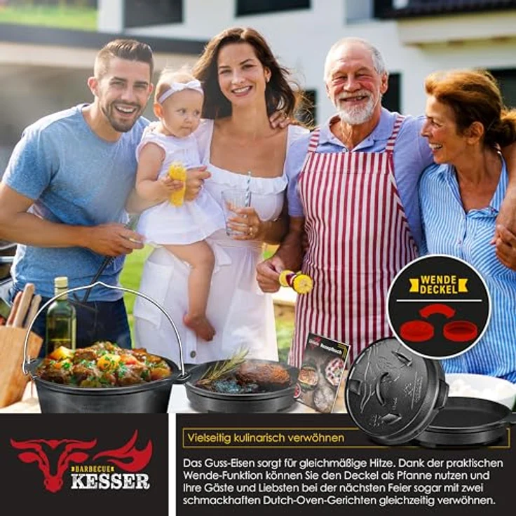 KESSER Dutch Oven Set BBQ 9 Liter, Gusseisen Feuertopf mit Edelstahluntersetzer, für Outdoor & Indoor, hitzebeständiger Deckelheber und Thermometer-Schlitz – Bild 4