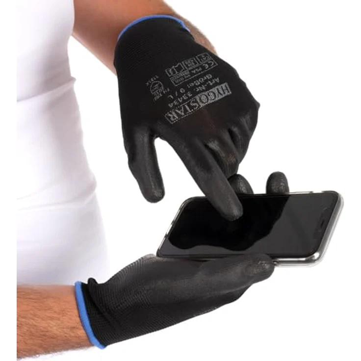 FRANZ MENSCH 12 Stück Hygostar Feinstrickhandschuhe Black Ace Touch | PU-Beschichtung, Packung, schwarz, 9/L, L: 25cm – Bild 3