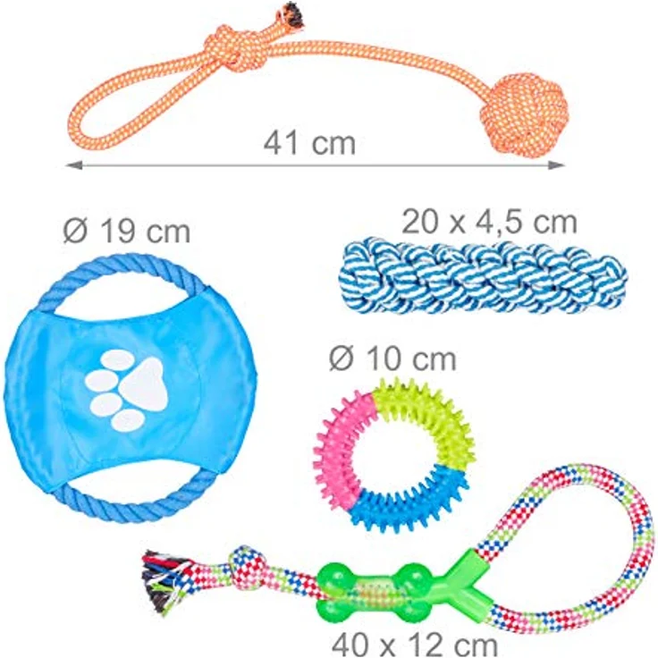 Relaxdays Hundespielzeug Set 10 teilig, Tauspielzeug, Zerrspielzeug, Hundefrisbee, Welpen, kleine & mittlere Hunde, bunt – Bild 5