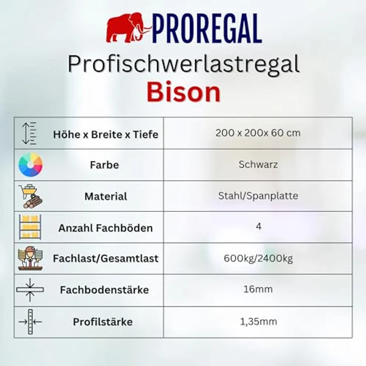 Proregal Schwerlastregal BISON, Traglast 600 kg pro Boden, 4 Fachböden, 200 x 200 x 60 cm, schwarz – Bild 8