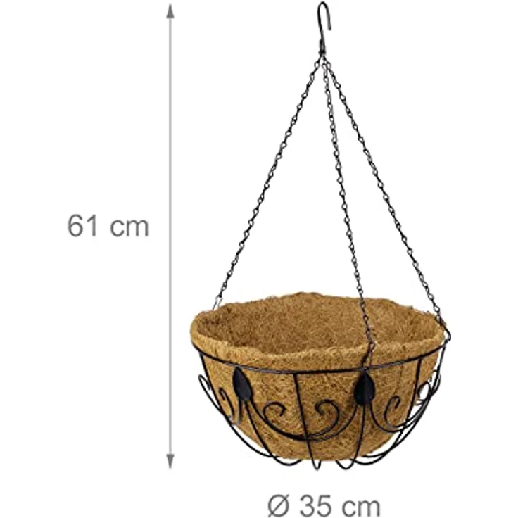 Relaxdays Hängekorb 3er Set, Kokos, Blumenampel mit Kette, 35 cm Durchmesser, je Pflanzenhalter 10 Liter Volumen, braun – Bild 4