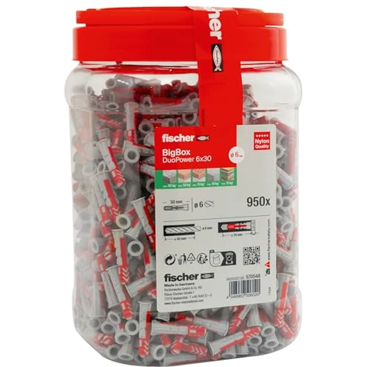 fischer DuoPower BigBox 6 x 30, Universaldübel, leistungsstarker 2-Komponenten-Dübel, Kunststoffdübel zur Befestigung in Beton, Ziegeln, Stein, Gipsbauplatten uvm., ohne Schrauben, 950 Stück – Bild 1