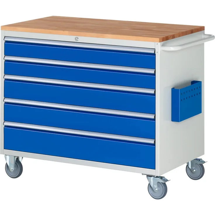 RAU Transportwagen Montagewagen 1145x650x975mm, 5xSchub-TA Top, lichtgrau/enzianblau, robust mit 75 kg Tragfähigkeit pro Schublade, komplett montiert, made in Germany