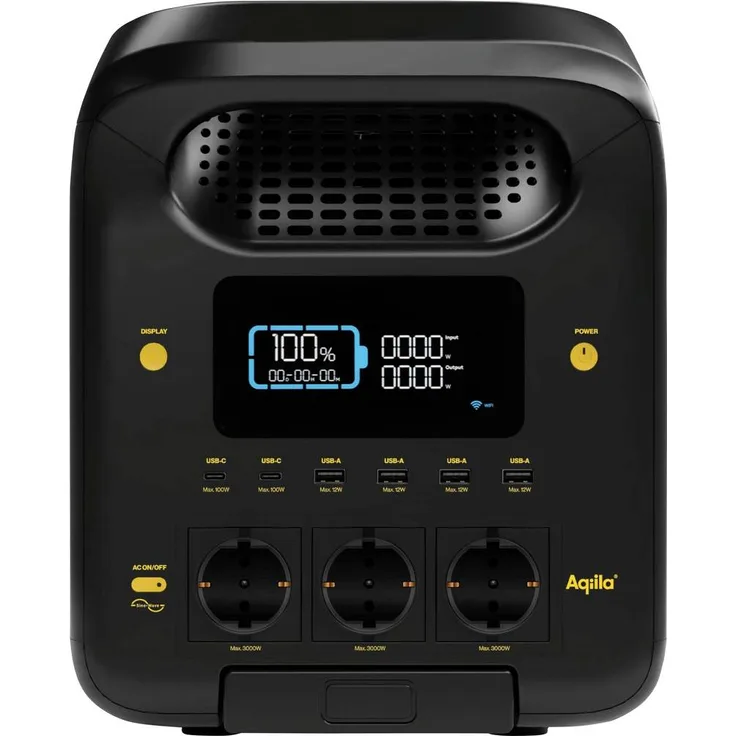 Aqiila S3000V2 Powerstation, 50Ah LiFePO4, 3000W Leistung, Schwarz, Gelb mit LED Taschenlampe