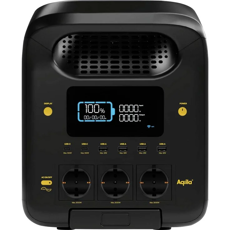 Aqiila S3000V2 Powerstation, 50Ah LiFePO4, 3000W Leistung, Schwarz, Gelb mit LED Taschenlampe