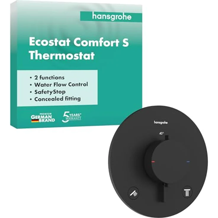 hansgrohe Ecostat Comfort S Badarmatur, eingebauter thermostatischer Mischer für 2 Verbraucher, matte Schwarz-Optik, mit SafetyStop-Funktion und minimalistischem Design – Bild 1