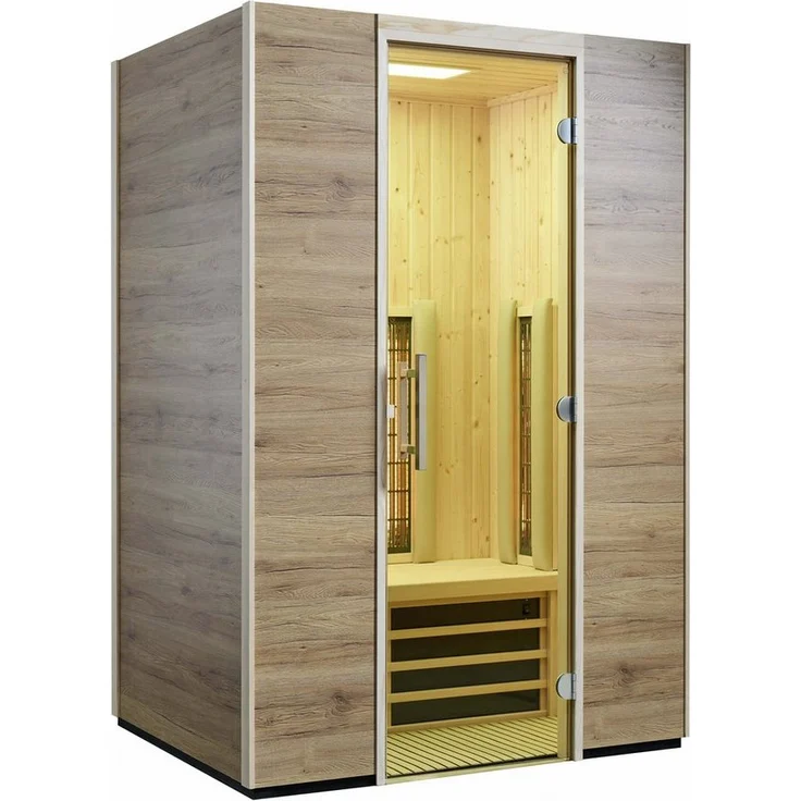 Infraworld TrioSol Basel 125, Infrarotkabine mit 3 Heizmodulen, Sole-Therme und LED-Farblicht, Eiche Dekor 125x115cm