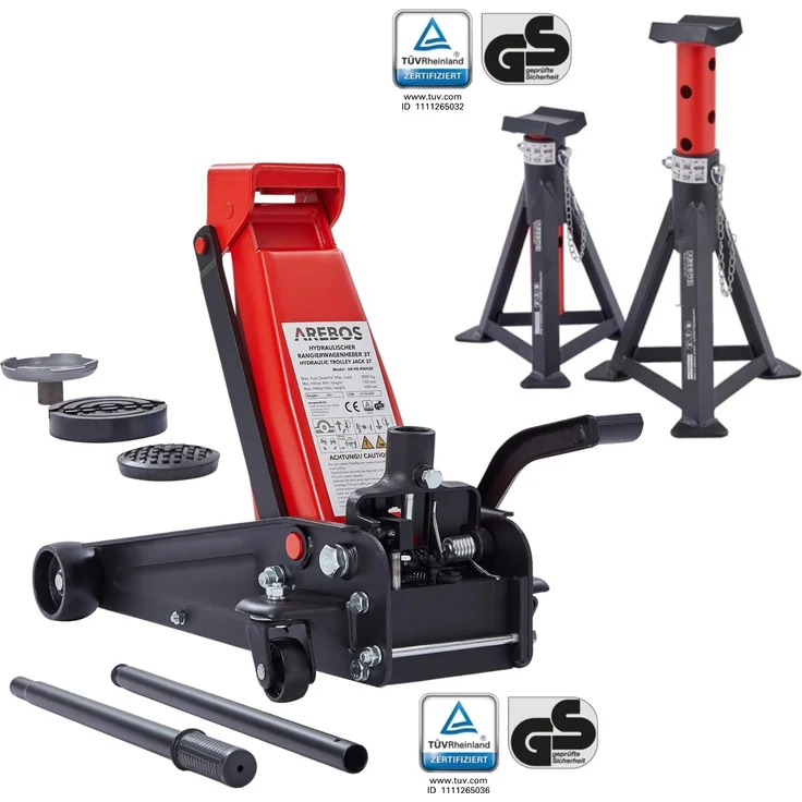 AREBOS 3T Hydraulischer Rangierwagenheber mit Fußpedal, 2x Unterstellbock, 3 Tonnen Tragkraft, 2x Auflagen - Schwarz/Rot, für einfaches und sicheres Arbeiten unter dem Auto in Werkstatt und Garage