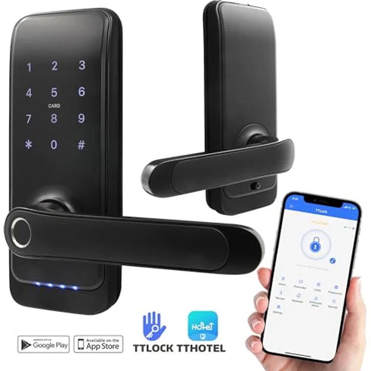 EURA ELH-01H4 Smartes Türschloss mit Griff, Codeschloss, biometrischem Leser, App TTLock/TTHotel, IP65, schwarz – Bild 2