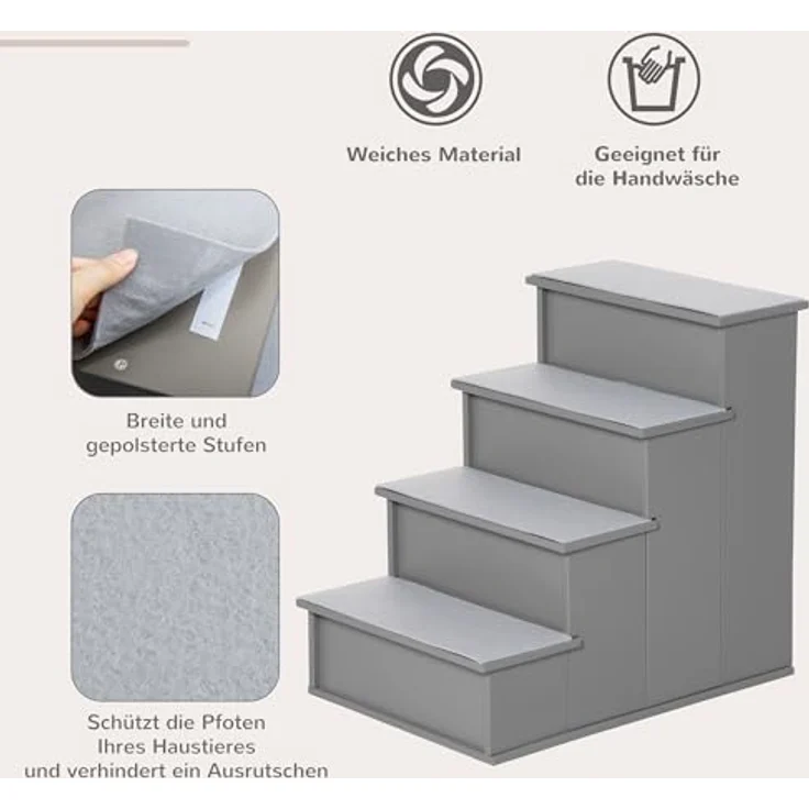 PawHut Haustiertreppe 4-stufige Einstiegshilfe mit rutschfester Matte für Auto, Bett und Sofa, grau, 40 x 59 x 54,2 cm – Bild 3