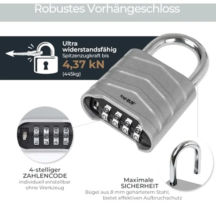 HMF Zahlenschloss Vorhängeschloss mit 4-stelligem Zahlencode, robustes Aluminiumlegierungsschloss, 5,6 x 2,6 x 8,7 cm, Silber – Bild 2