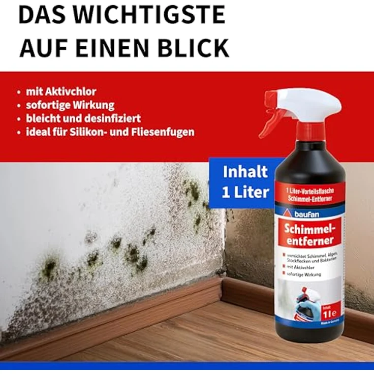 baufan® Schimmelentferner chlorhaltig, Hochwirksames Reinigungsmittel für Silikon- & Fliesenfugen, schnelle Wirkung – Bild 3