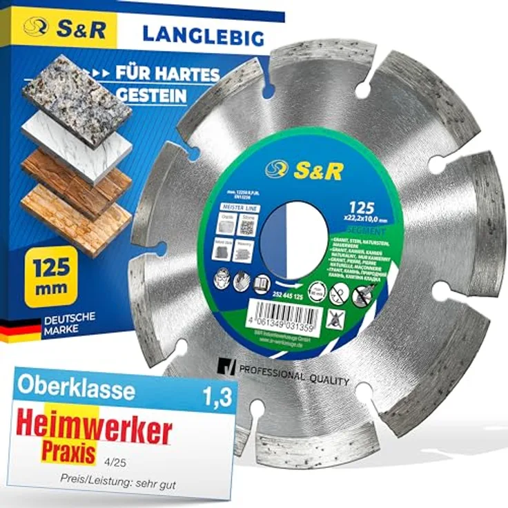 S&R Diamantscheibe 125 x 22,23 mm, Industrie-Qualität für Trennen von Granit, Stein, Marmor und Beton, kompatibel mit Winkelschleifern und Tischsägen