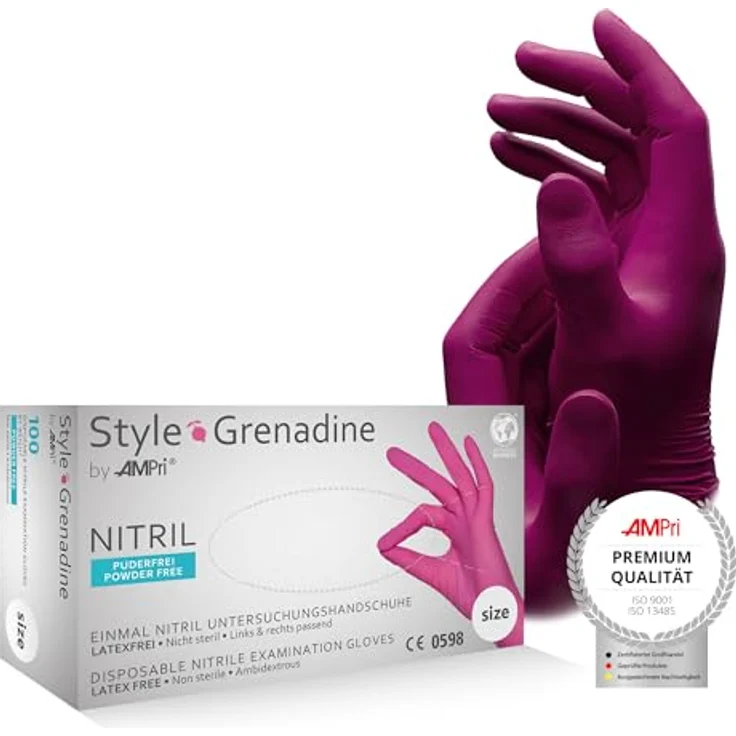 AMPri Nitrilhandschuhe, magenta, pink, 100 Stück/Box, Größe L, puderfrei, Style Grenadine by Med-Comfort: Nitril Einmalhandschuhe, Einweghandschuhe in den Größen XS, S, M, L, XL – Bild 1