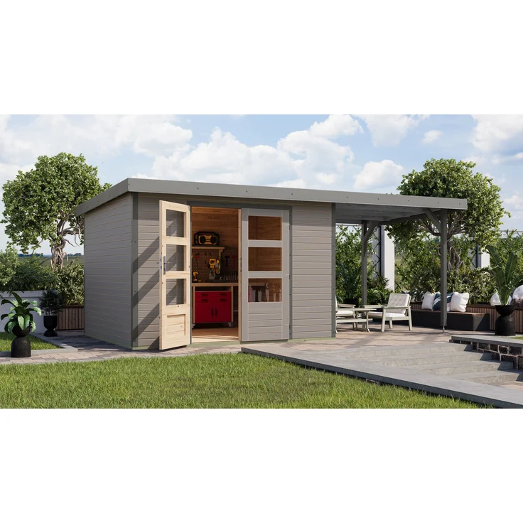 Karibu Gartenhaus Jupiter 5, Metall-Holzgartenhaus mit Anbaudach 2,35 m, BxT 541,5x266,5 cm, in verschiedenen Farben, Wandstärke 19 mm