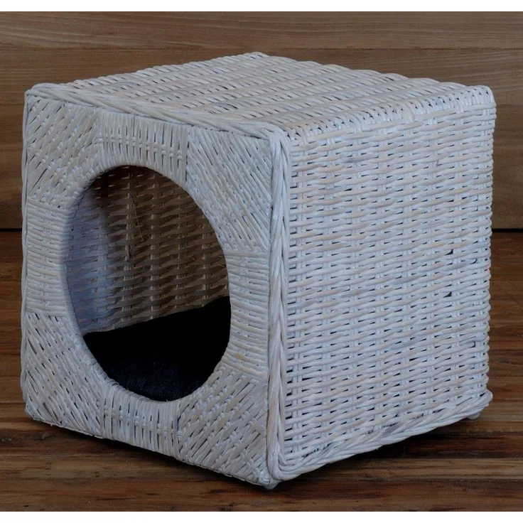 Krines Home Tierkorb Katzenhöhle / Tierkorb aus unbehandeltem Rattan inklusive Polster, Kubus, Grau