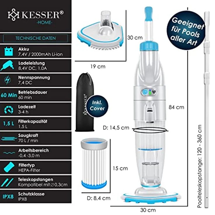 KESSER Poolsauger mit Akku | elektrisch Pool Bodensauger inkl. Filter & 2-Geschwindigkeits-System | kabelloser Reiniger mit HEPA-Filter, Schwarz – Bild 8