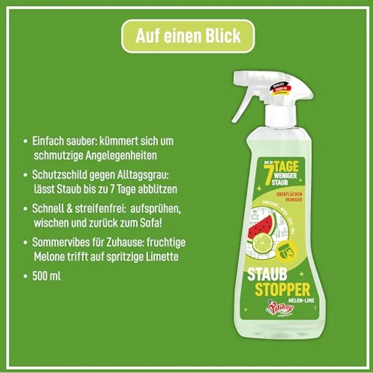 poliboy Poliboy Staubstopper Melon-Lime, 500 ml Allzweckreiniger mit Antistatik-Effekt für Kunststoff, Metall, Glas und Holz – Bild 5