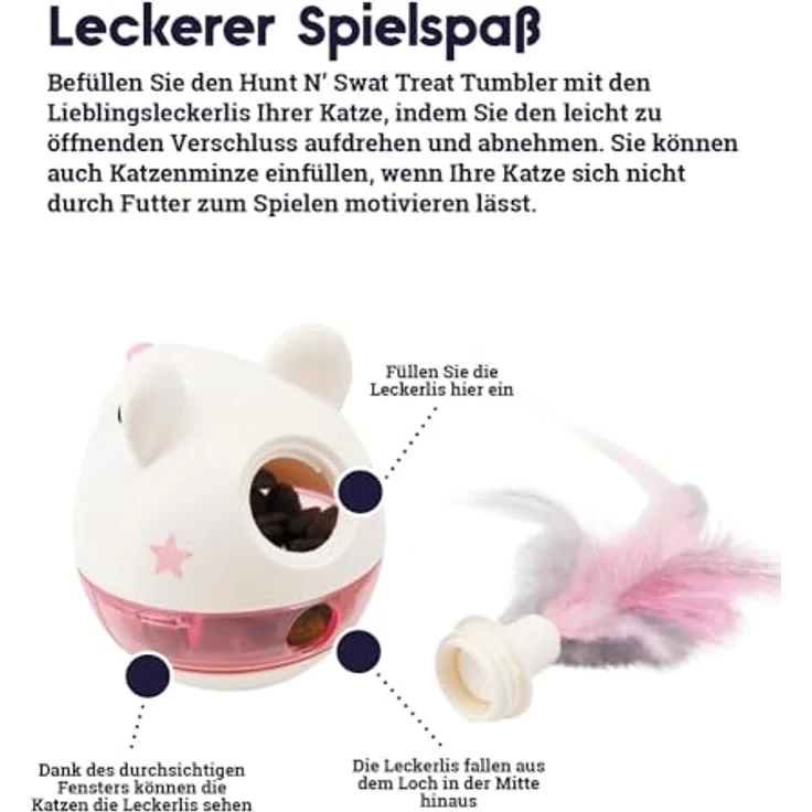 Catstages Petstages Hunt 'N Swat Treat Tumbler, Katzenspielzeug mit anpassbarem Leckerli-Ausgabeloch und Federn – Bild 4