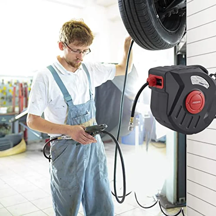 Arebos Automatischer Druckluftschlauch-Aufroller, 20 m, 180° schwenkbar, mit Wandhalterung, Rot – Bild 2