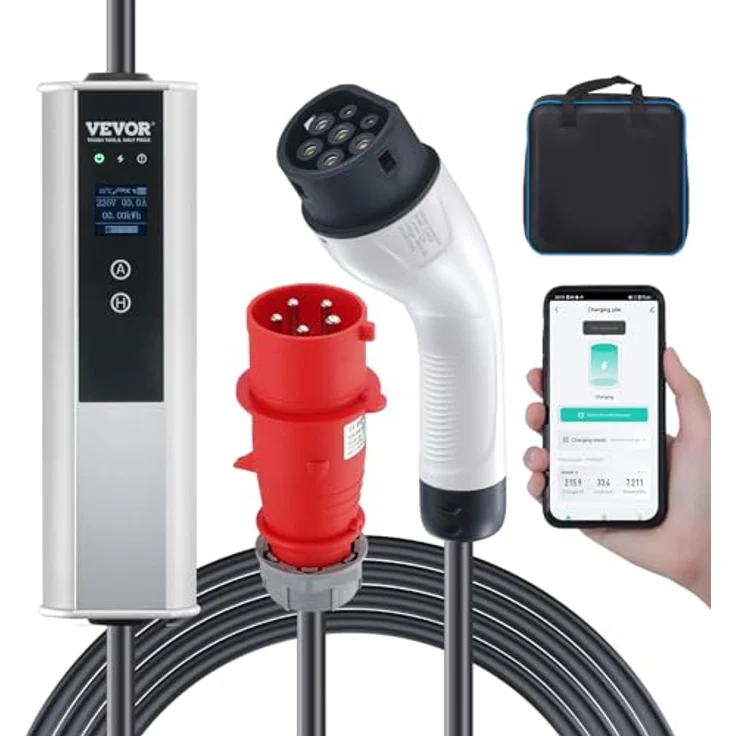 VEVOR Tragbares EV-Ladegerät Typ2, 32A 7,36kW, 7,5m Ladekabel mit CEE 32 Stecker, 4-stufige Stromanpassung, IP66 wasserdicht – Bild 1