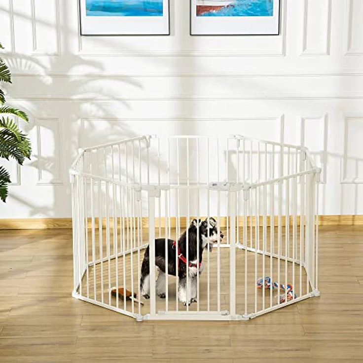 PawHut Welpenauslauf Freigehege für Hund Schutzgitter mit Tür Kaminschutzgitter Flexible klappbar 8 Paneele je 60 x 76 cm Weiß – Bild 2