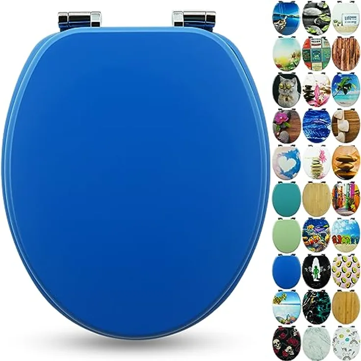 Sanfino WC Sitz Deep Blue, Toilettendeckel aus Holz mit Absenkautomatik und verchromten Metallscharniere, 43,5 x 37,5 cm
