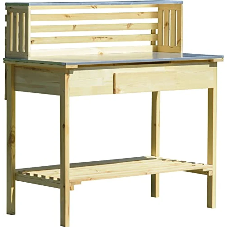 dobar® 29141FSCe XXL Premium Pflanztisch aus massivem Kiefernholz, wetterfester Umtopftisch mit verzinkter Arbeitsfläche und zwei Ablageflächen, 117 x 62 x 124 cm, Natur – Bild 2