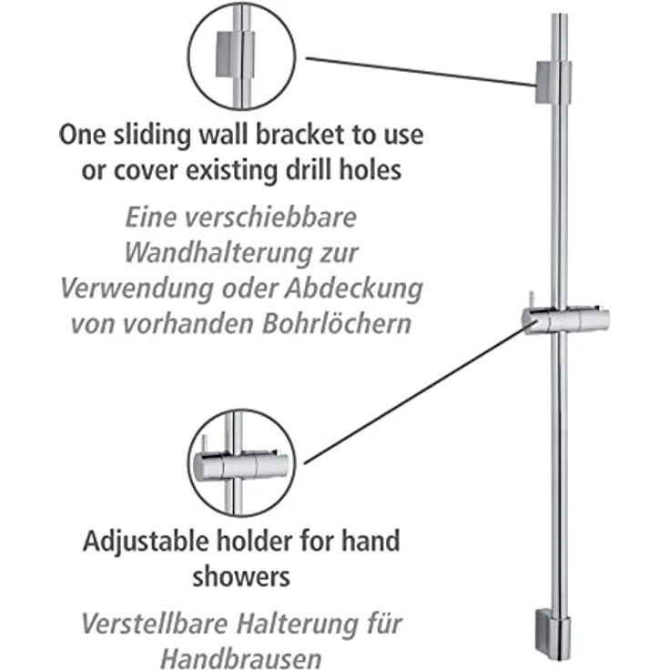 WENKO Duschstange Classic 90 cm, Brausestange mit verstellbarer Halterung für Handbrausen für Dusche oder Badewanne aus hochwertigem, rostfreiem Edelstahl, mit verschiebbarer Wandhalterung, Chrom – Bild 2