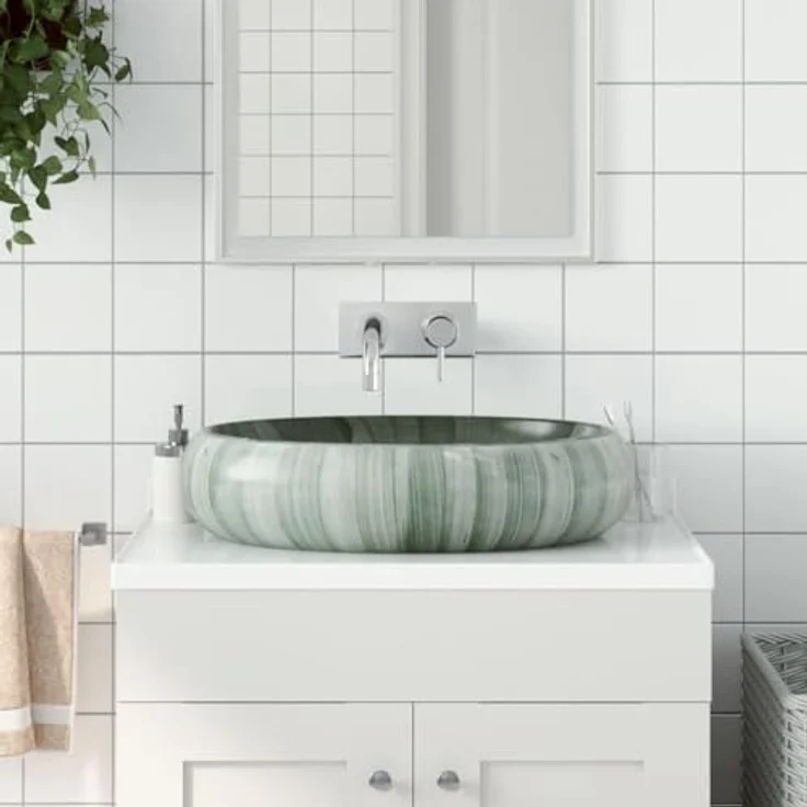 vidaXL Aufsatzwaschbecken, Oval Waschbecken mit Muster, Handgefertigt Waschtisch Waschschale für Badezimmer, Handwaschbecken Spülbecken, Grün 59x40x15 cm Keramik – Bild 2