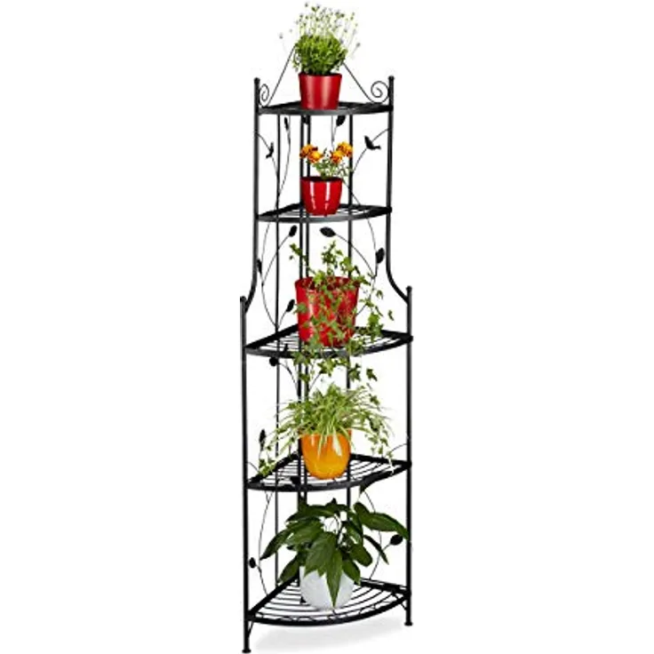 Relaxdays Pflanzentreppe Ecke GOTH, Metall, 5 Ablagen, klappbar, witterungsfest, Pflanzenregal, HxBxT: 160 x 36 x 36 cm, schwarz