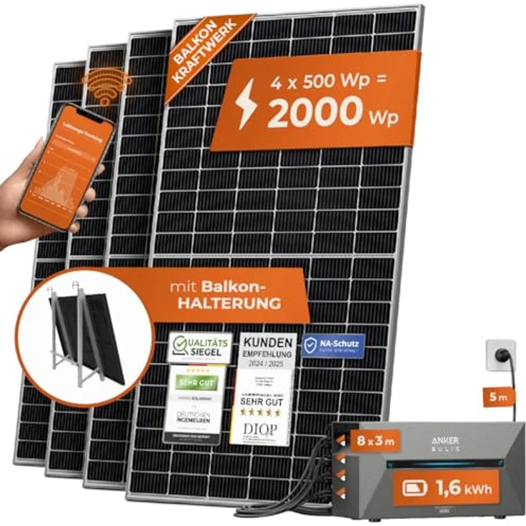 Solarway® All In One Balkonkraftwerk mit Speicher 2000W komplett Steckdose - 1,6 kWh Anker Solix 2 PRO Speicher - Solaranlage Komplettset - 500W Solarmodule & Anker Speicher & Zubehör – Bild 1
