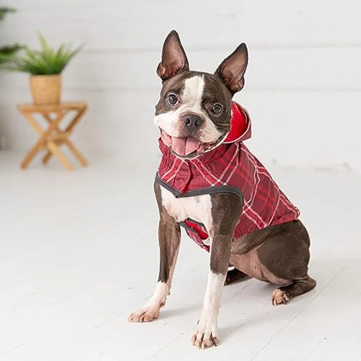 GF Pet Hunde-Regenmantel, Elasto-Passform, wendbar, für Hunde, wasserdichte Kapuzenjacke, rotes Karomuster, Größe XL – Bild 2