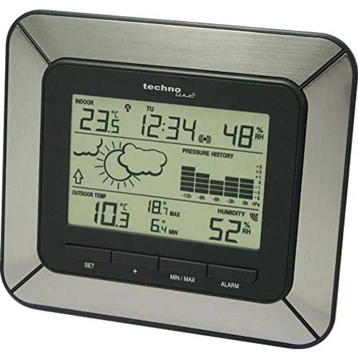 Technoline Wetterstation WS 9273-IT, Aluminium-Optik mit Wettervorhersage, 12h Luftdruckhistorie, Innen- und Außentemperatur, Weckalarm mit Schlummerfunktion – Bild 2
