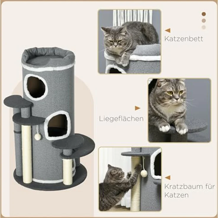 PawHut Kratztonne 99 cm mit Katzenbett, Spielball, Plattformen, 3 Türen, Grau – Bild 4