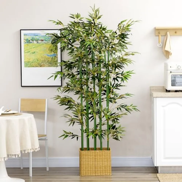 HOMCOM Kunstpflanze im Kiefernholztopf Bambus, Höhe 180 cm, Indoor/Outdoor, Dekopflanzen, Grün – Bild 6