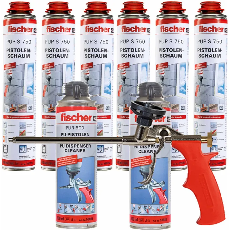 6x Fischer 1K Pistolenschaum PUP S 750ml B2 + Pistole PUP M3 + 2xPUR500 Reiniger