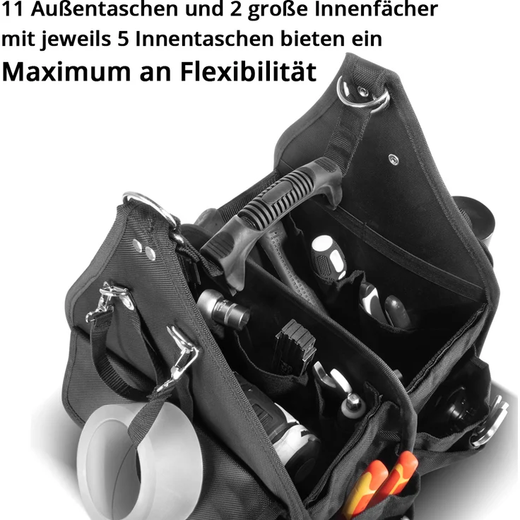 STAHLWERK Werkzeugtasche mit 11 Außentaschen und 2 großen Innenfächern mit jeweils 5 Innentaschen, robuste Montagetasche - Werkzeugkoffer - Werkzeugbeutel mit Tragegriff und Schultergurt – Bild 2
