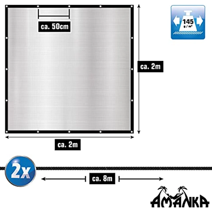Amanka 99% Schattennetz 2x2m Alu Sonnensegel Sonnenschutz Netz Hitzeschutz Camping – Bild 8
