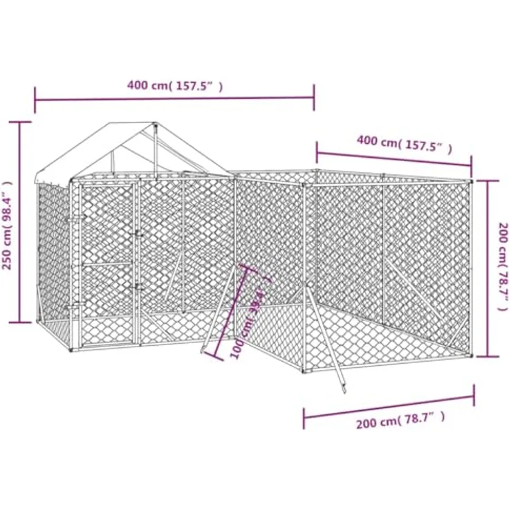 vidaXL Outdoor-Hundezwinger mit Dach Silbern 4x4x2,5m Verzinkter Stahl, für Hunde, Hühner und Kleintiere, abschließbare Tür, wasser- und UV-beständiges Schutzdach – Bild 4