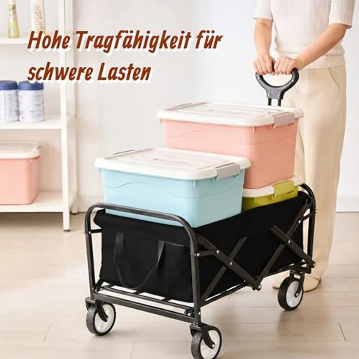 Relaxdays Bollerwagen, faltbar, Transportwagen mit 100 kg Traglast, Teleskopgriff, Oxford-Gewebe, für Einkauf, Camping und Strand, schwarz – Bild 3