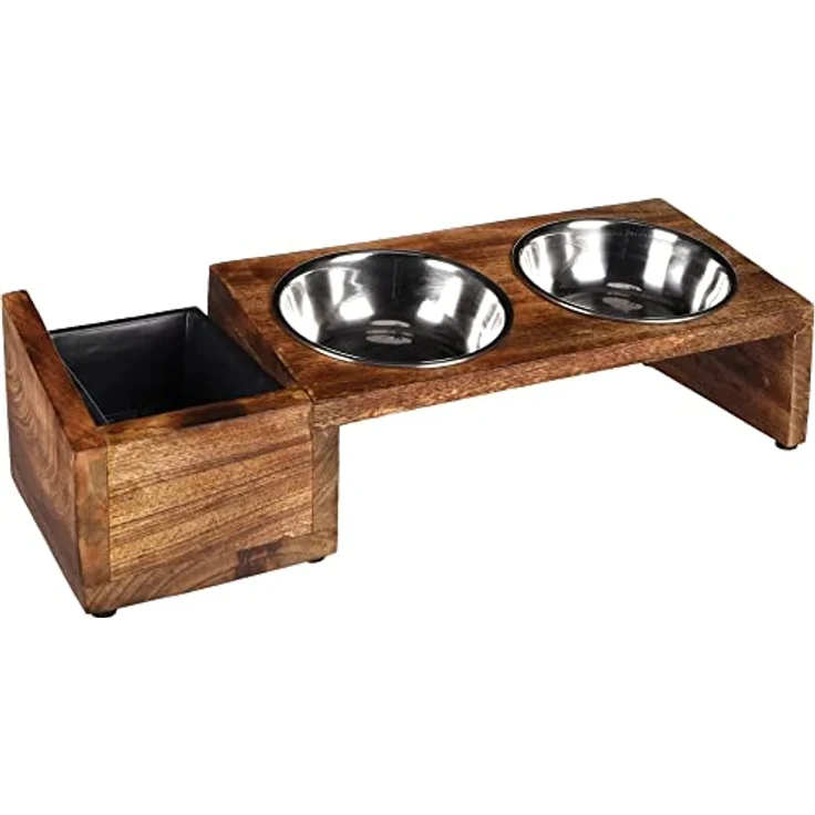 Flamingo Futter- und Trinknapf Set LELA, Edelstahlnäpfe mit Mangoholzständer, 2x375ML, 13CM, für Katzengras – Bild 3