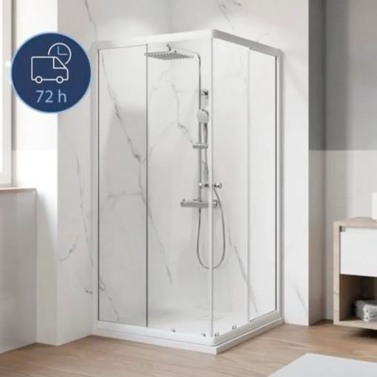 Breuer Eckeinstieg Ektos, Gleittür/Schiebetür aus 4 mm Sicherheitsglas, profil weiß, klarglas, variable Schenkelmaße 80-90 cm