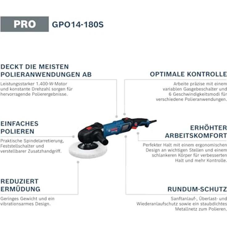 Bosch Professional GPO 14-180 S Rotationspoliermaschine, 1400 Watt, 180 mm, ergonomisches Design, vibrationsarm – Bild 2